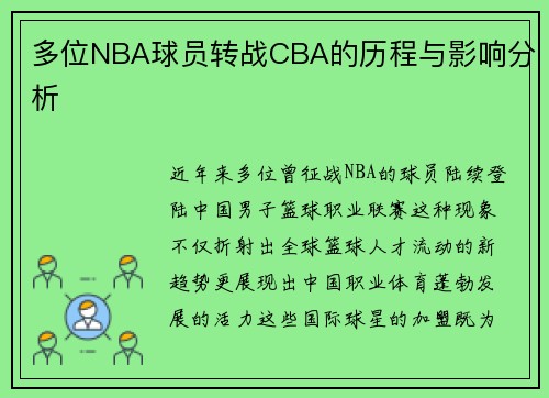 多位NBA球员转战CBA的历程与影响分析