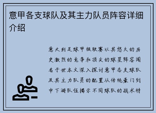 意甲各支球队及其主力队员阵容详细介绍